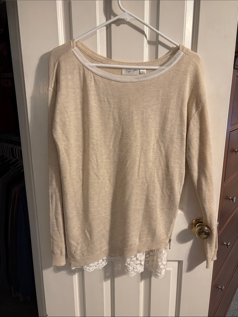 Ralph Lauren Cream Crewneck Sweater with Lace Hem